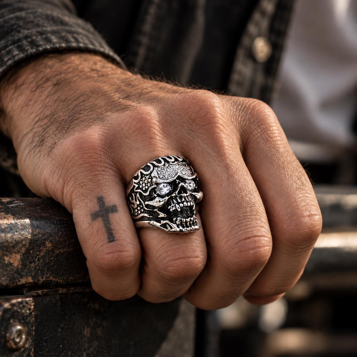 Skull Flame Ring, 316L Stainless Steel Biker Ring, CZ Skull Statement Ring, Gothic Rocker Jewelry, Sizes 9–13