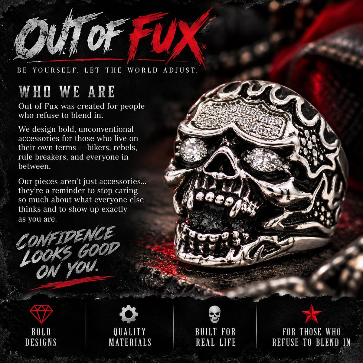 Skull Flame Ring, 316L Stainless Steel Biker Ring, CZ Skull Statement Ring, Gothic Rocker Jewelry, Sizes 9–13