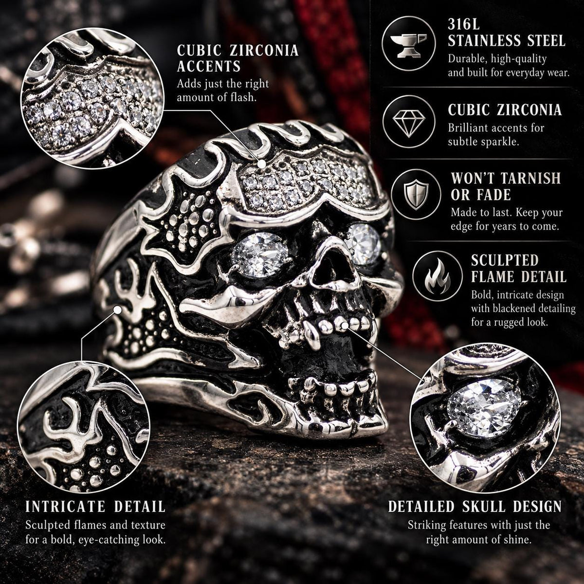 Skull Flame Ring, 316L Stainless Steel Biker Ring, CZ Skull Statement Ring, Gothic Rocker Jewelry, Sizes 9–13
