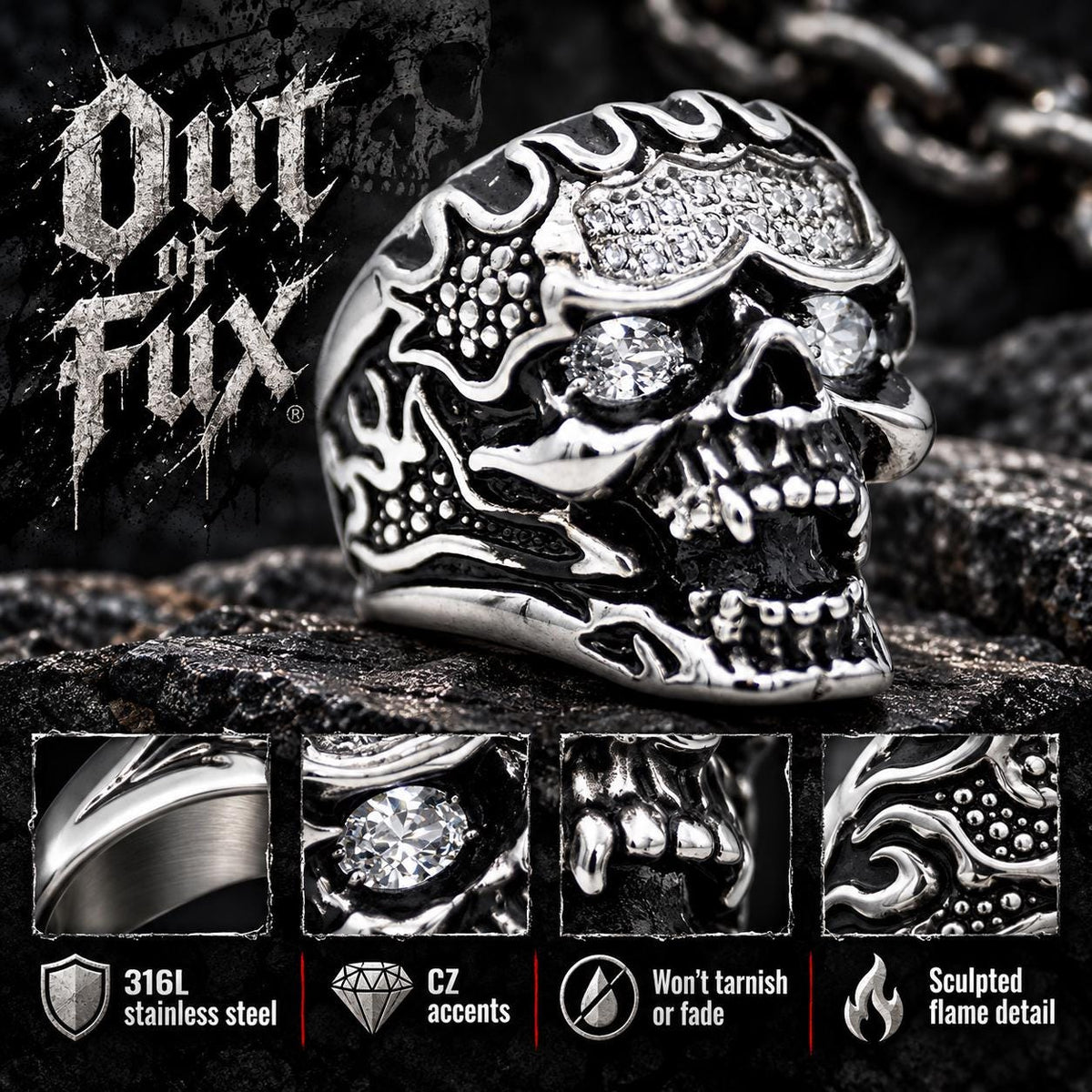 Skull Flame Ring, 316L Stainless Steel Biker Ring, CZ Skull Statement Ring, Gothic Rocker Jewelry, Sizes 9–13
