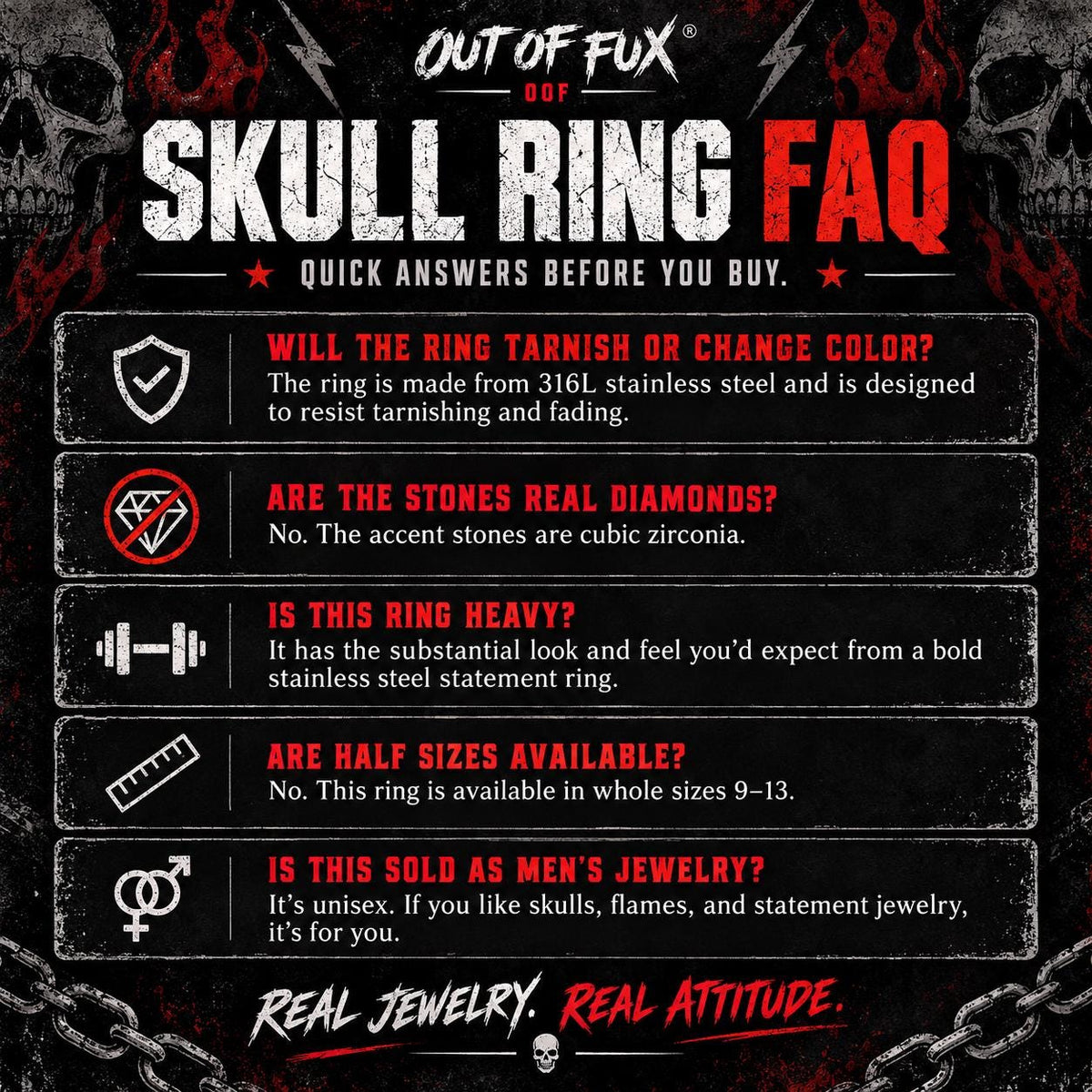 Skull Flame Ring, 316L Stainless Steel Biker Ring, CZ Skull Statement Ring, Gothic Rocker Jewelry, Sizes 9–13