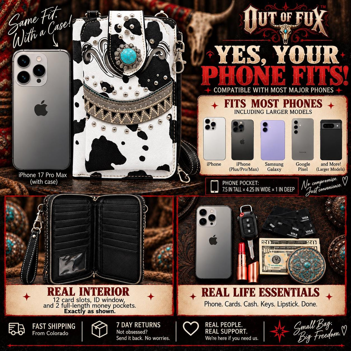 Black White Cow Print Crossbody Wallet, Turquoise Concho Western Wristlet, Phone Wallet Purse