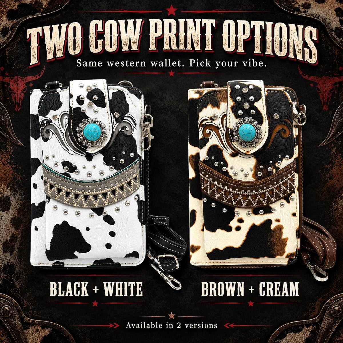 Black White Cow Print Crossbody Wallet, Turquoise Concho Western Wristlet, Phone Wallet Purse