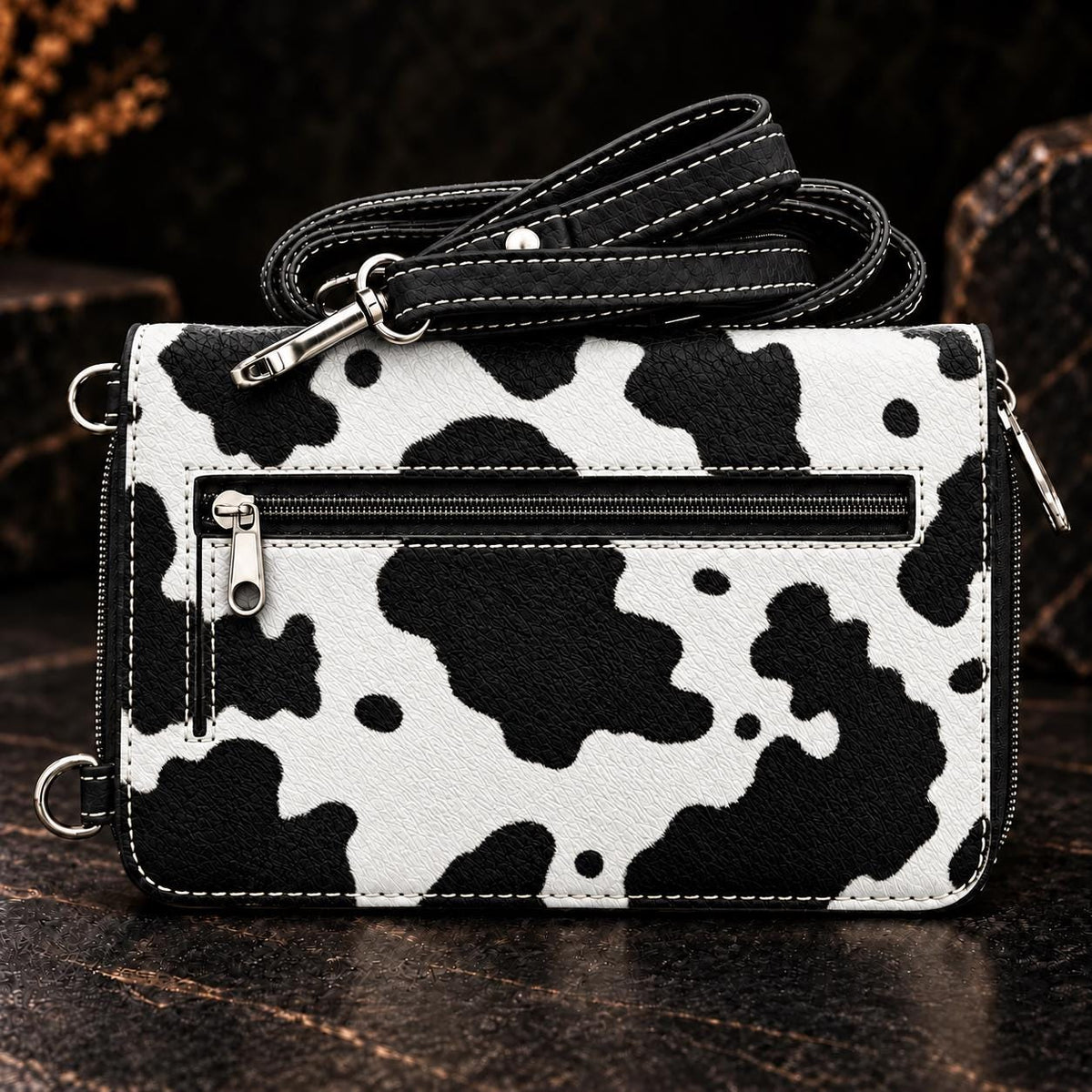 Black White Cow Print Crossbody Wallet, Turquoise Concho Western Wristlet, Phone Wallet Purse