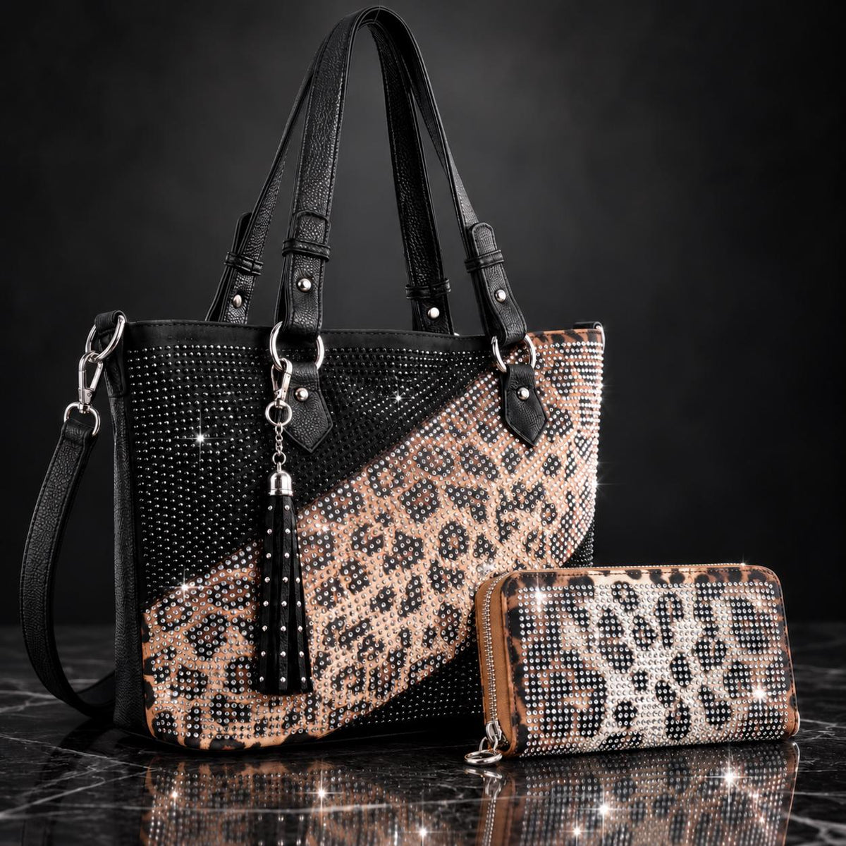 Leopard Rhinestone Purse and Wallet Set, Sparkly Tote Bag with Matching Zip Wallet, Glam Statement Handbag Set