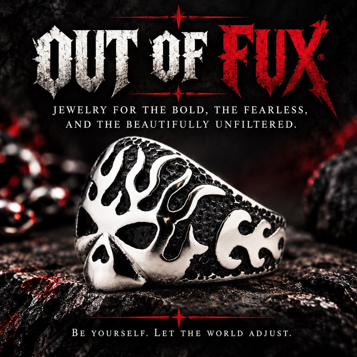 Blackened Flame Ring, 316L Stainless Steel, Wide Statement-Band Design, Sizes 8-13