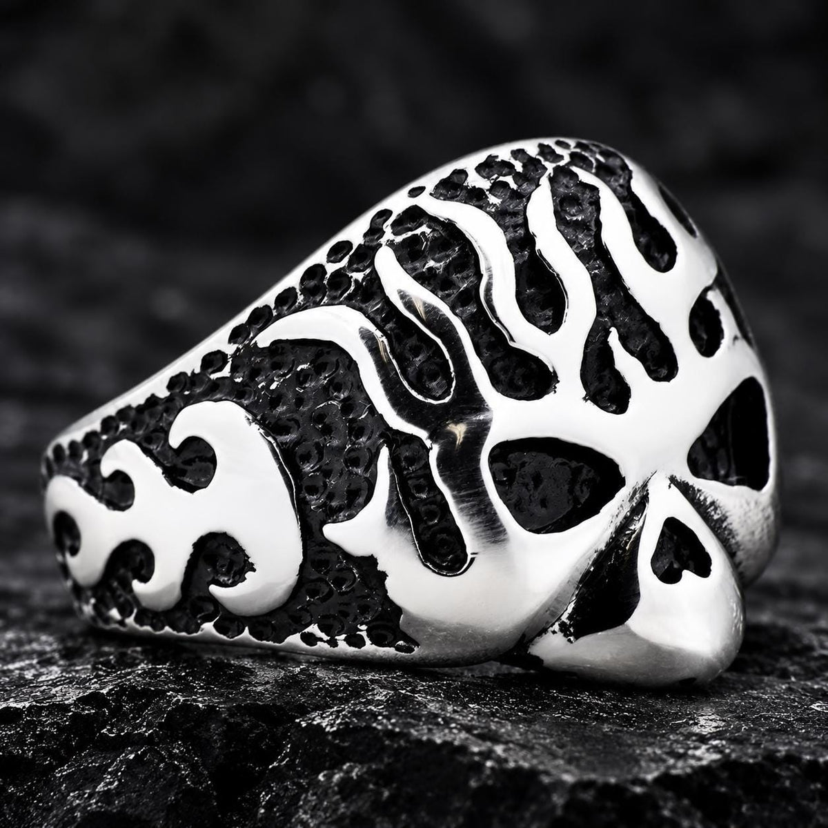 Blackened Flame Ring, 316L Stainless Steel, Wide Statement-Band Design, Sizes 8-13