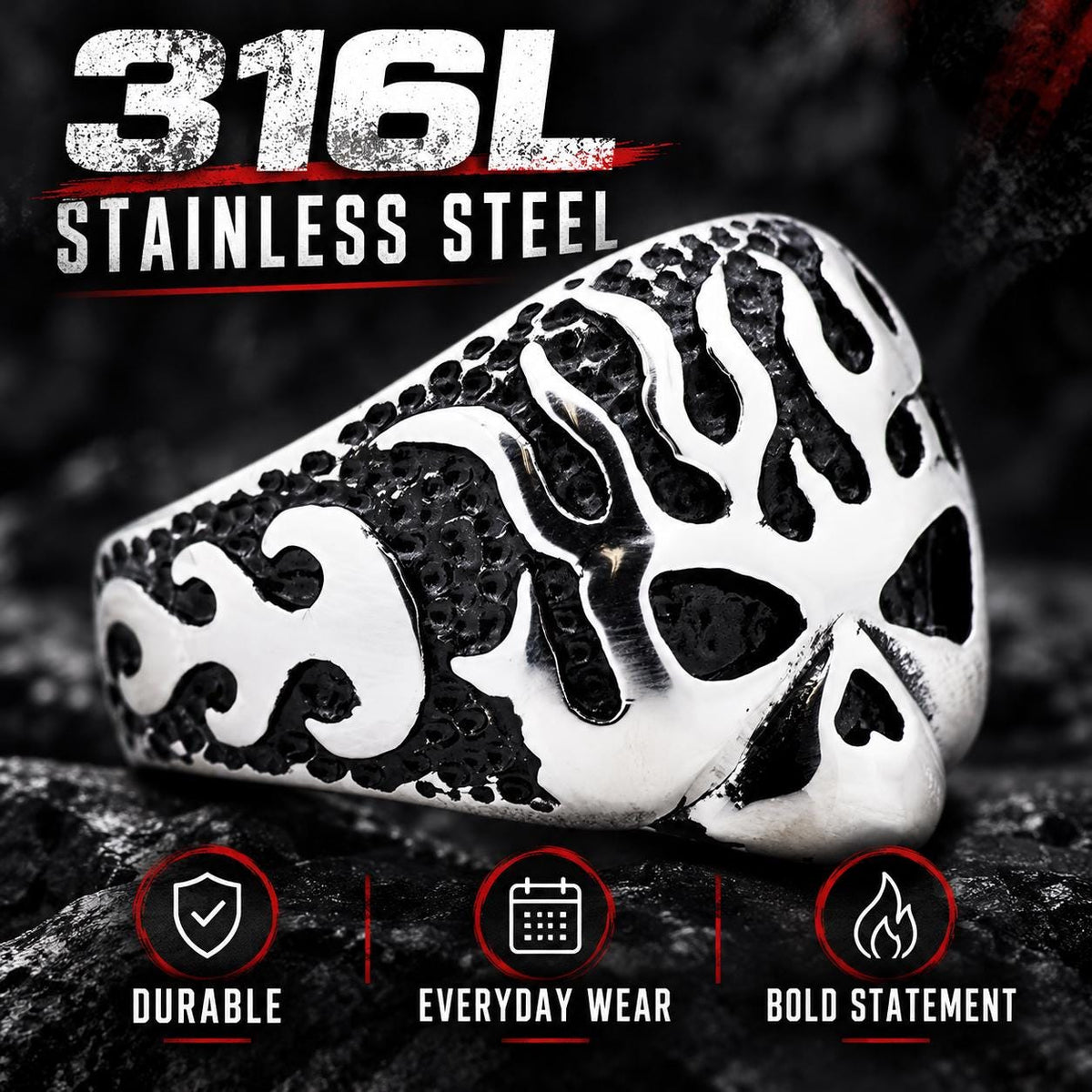 Blackened Flame Ring, 316L Stainless Steel, Wide Statement-Band Design, Sizes 8-13