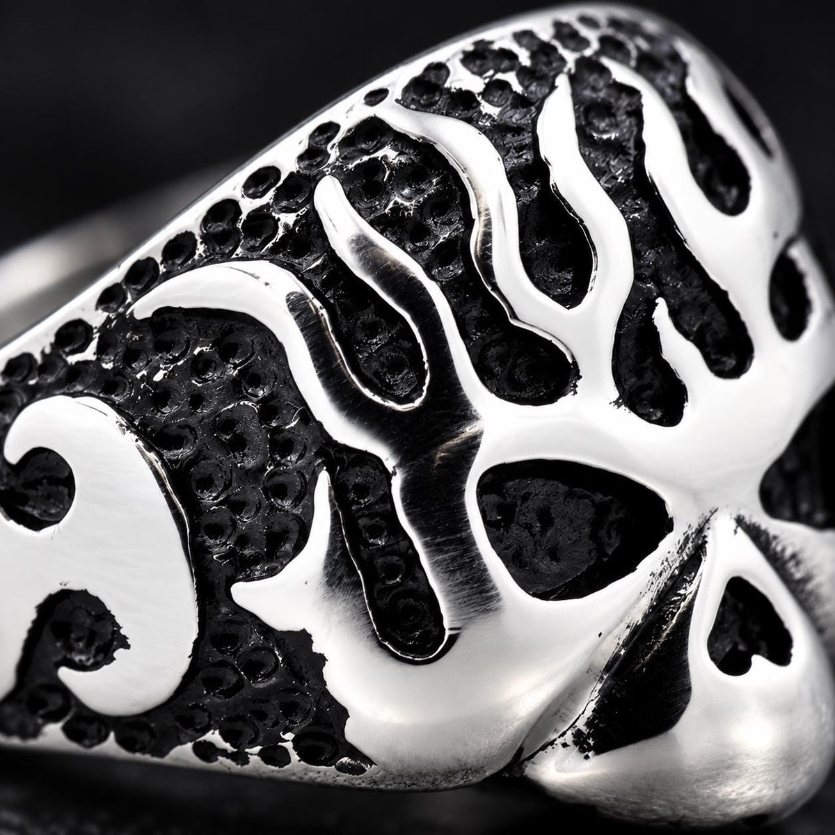 Blackened Flame Ring, 316L Stainless Steel, Wide Statement-Band Design, Sizes 8-13