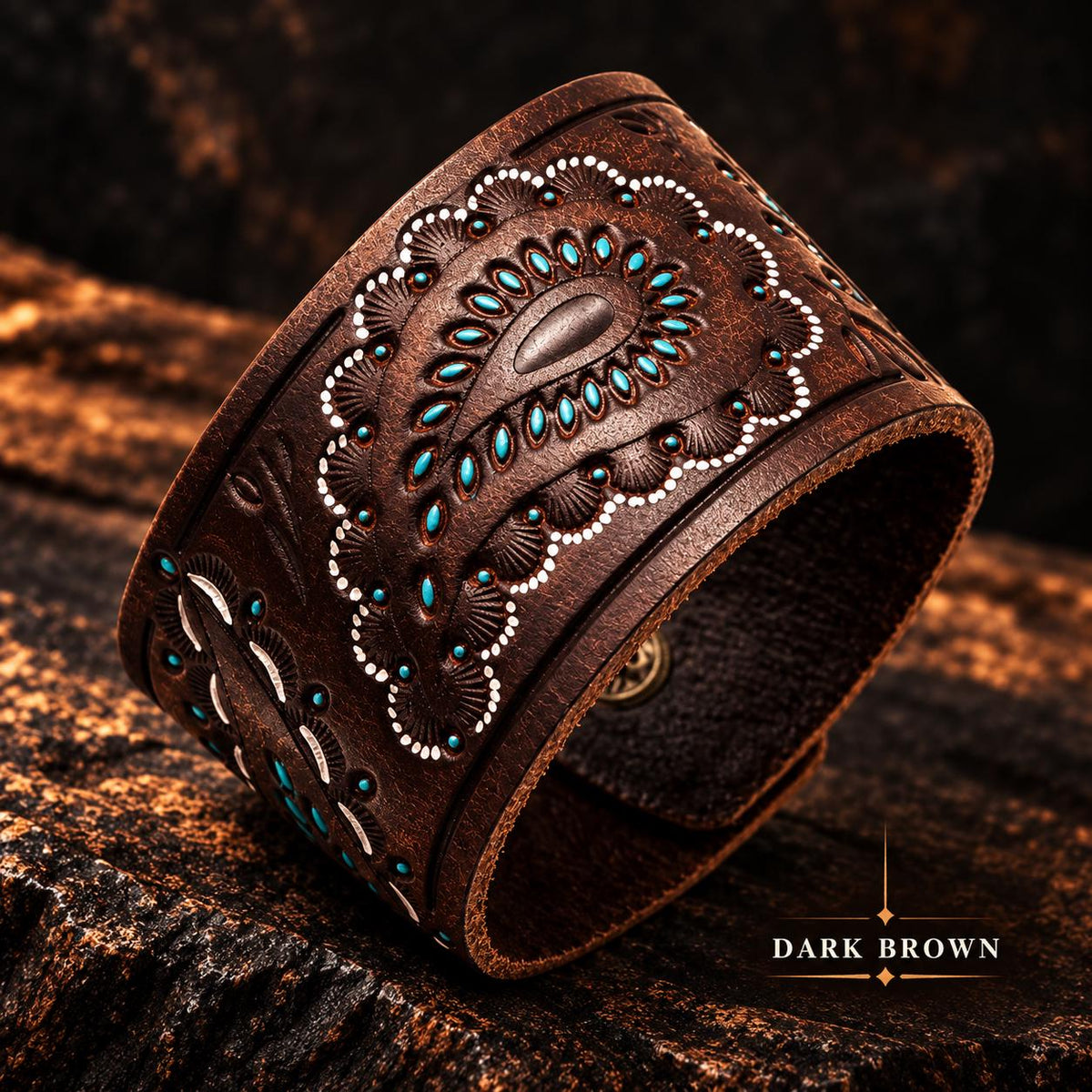Western Leather Cuff Bracelet, Genuine Leather Paisley Wristband, Tooled Cowgirl Bracelet, Turquoise Accent Cuff, Brown Biker Jewelry