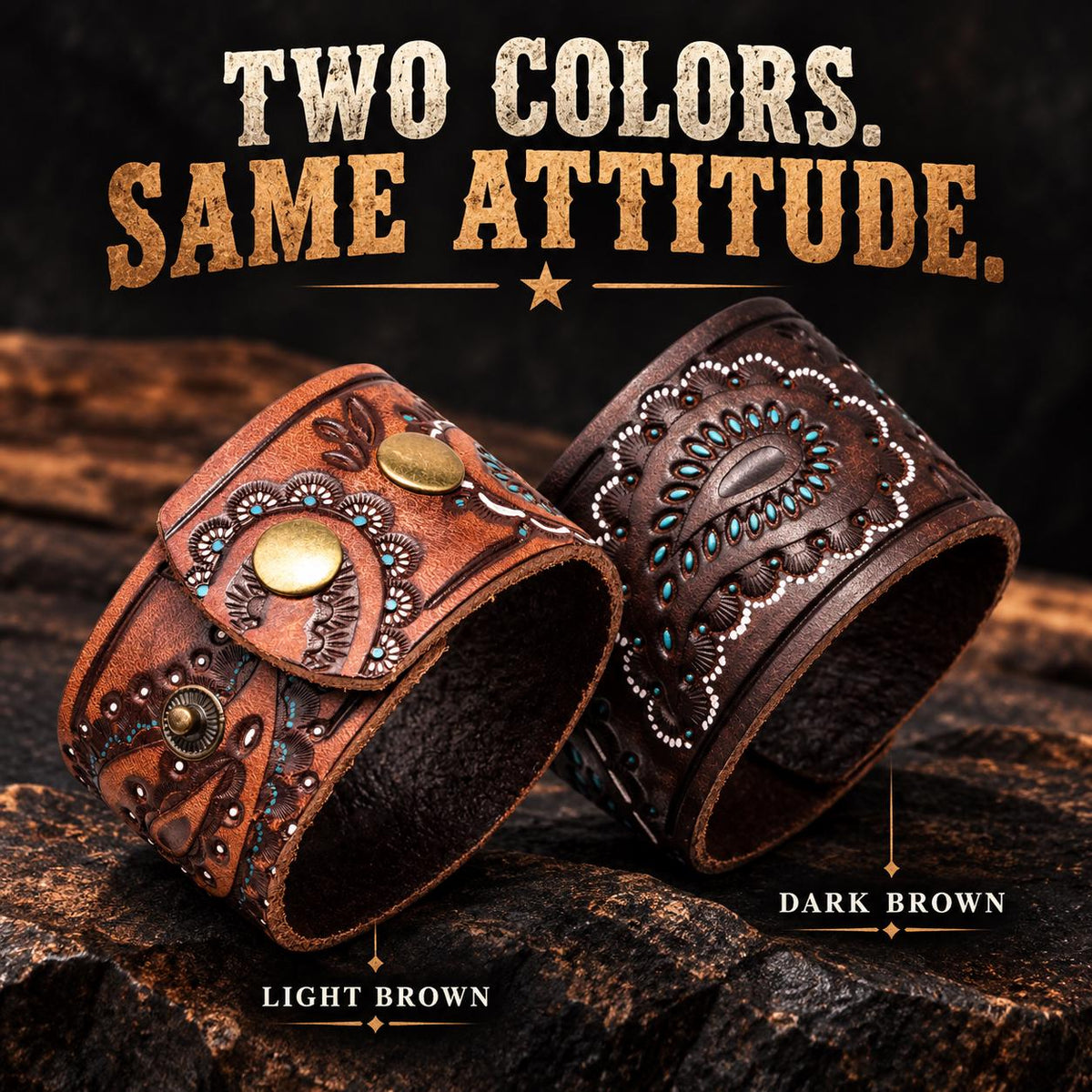 Western Leather Cuff Bracelet, Genuine Leather Paisley Wristband, Tooled Cowgirl Bracelet, Turquoise Accent Cuff, Brown Biker Jewelry