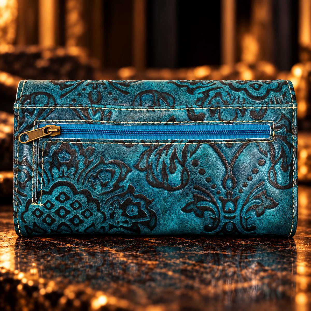 Turquoise Western Trifold Wallet, Embossed Faux Leather, Concho Wristlet Crossbody