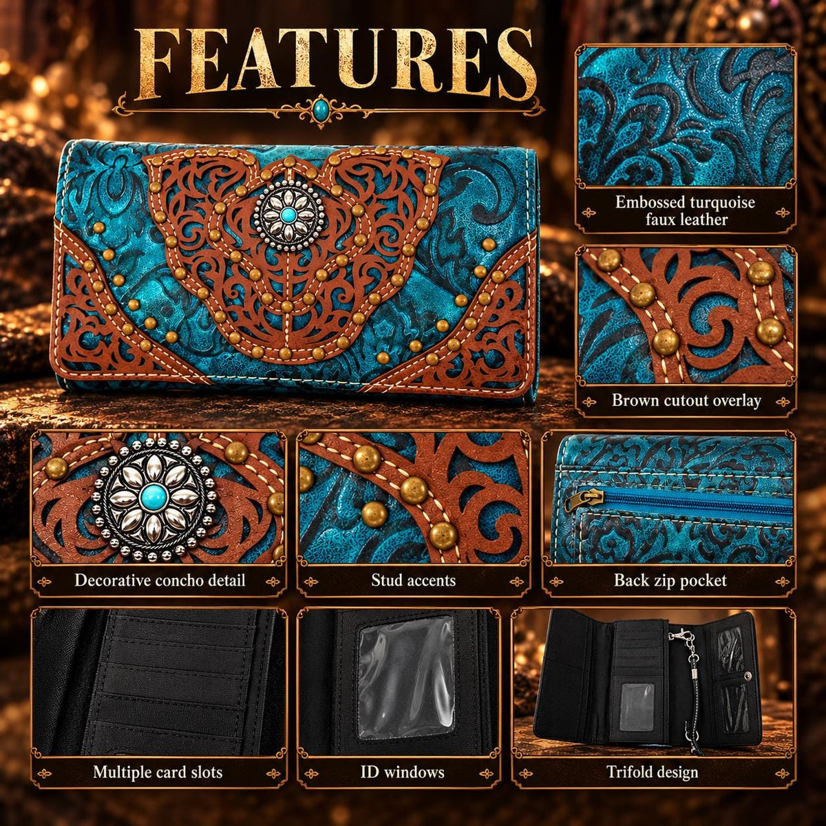 Turquoise Western Trifold Wallet, Embossed Faux Leather, Concho Wristlet Crossbody