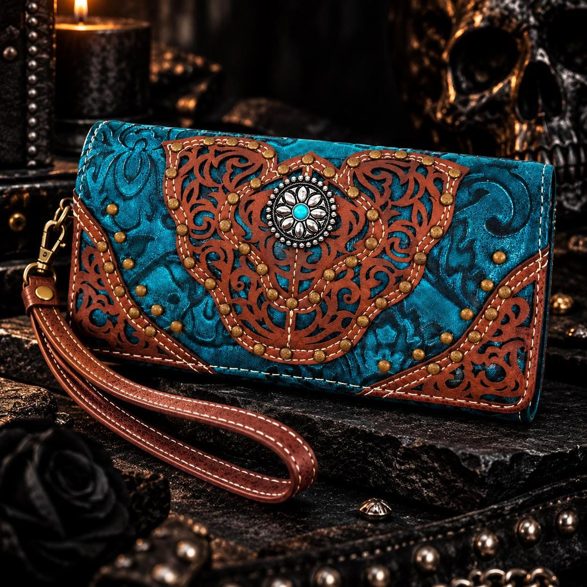 Turquoise Western Trifold Wallet, Embossed Faux Leather, Concho Wristlet Crossbody