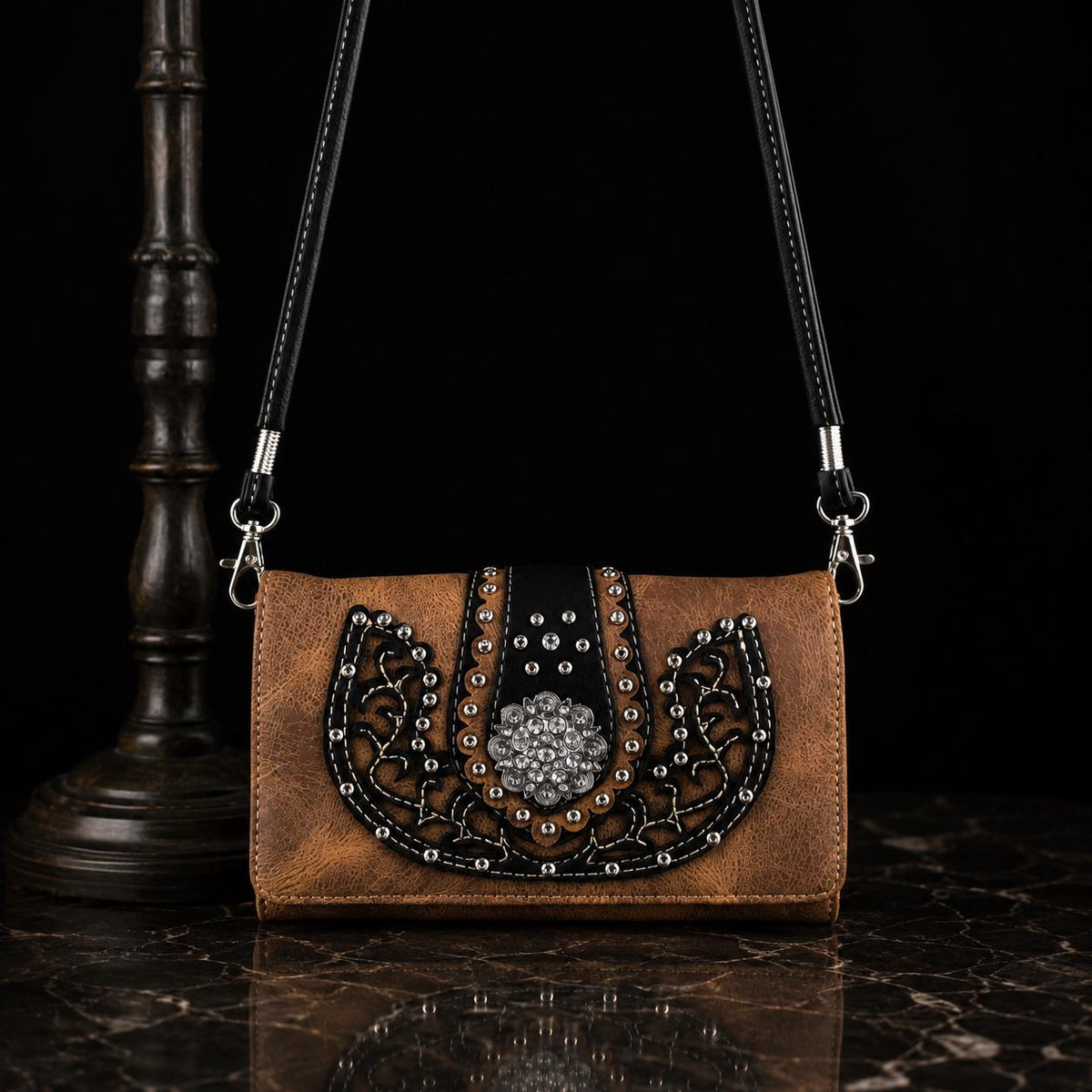 Western Trifold Wallet, Rhinestone Studded Faux Leather Crossbody Purse (Brown Black)