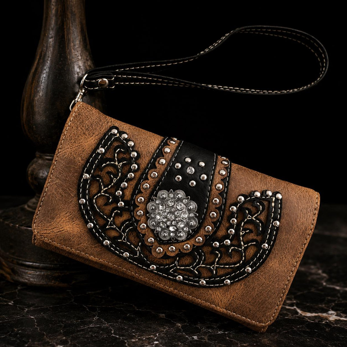 Western Trifold Wallet, Rhinestone Studded Faux Leather Crossbody Purse (Brown Black)