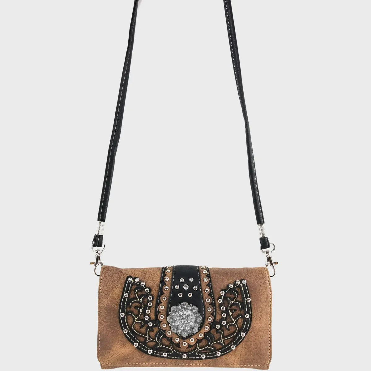 Western Trifold Wallet, Rhinestone Studded Faux Leather Crossbody Purse (Brown Black)