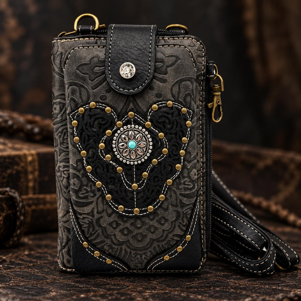 Tooled Black Leather Crossbody Bag: Western Style, Card Slots