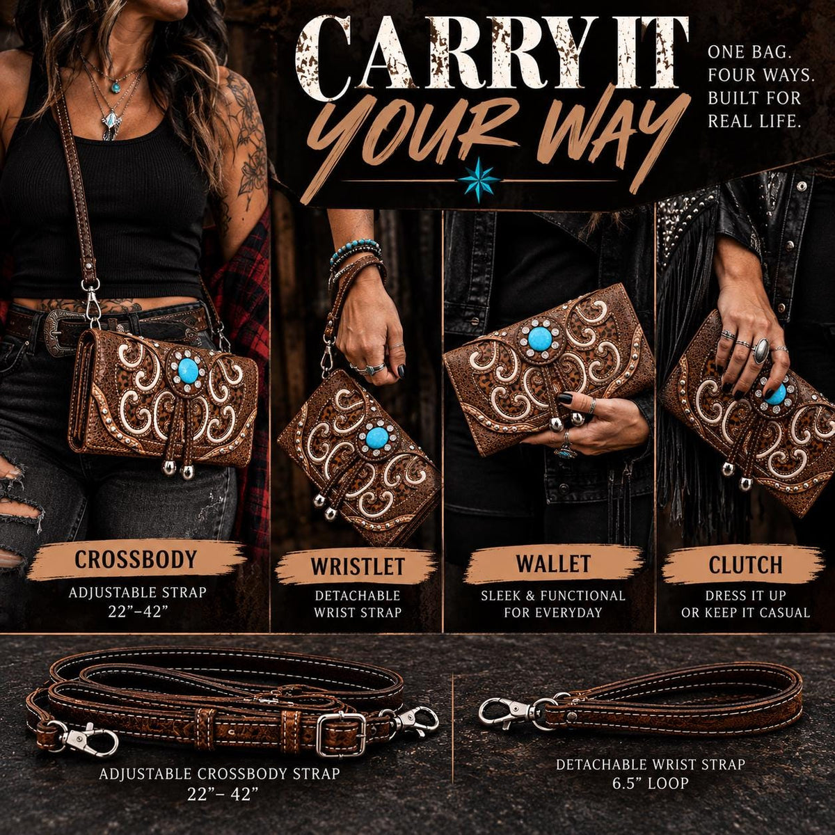 Western Turquoise Crossbody Wallet, Trifold Phone Wallet Purse, Brown Faux Leather Wristlet, Cowgirl Shoulder Bag