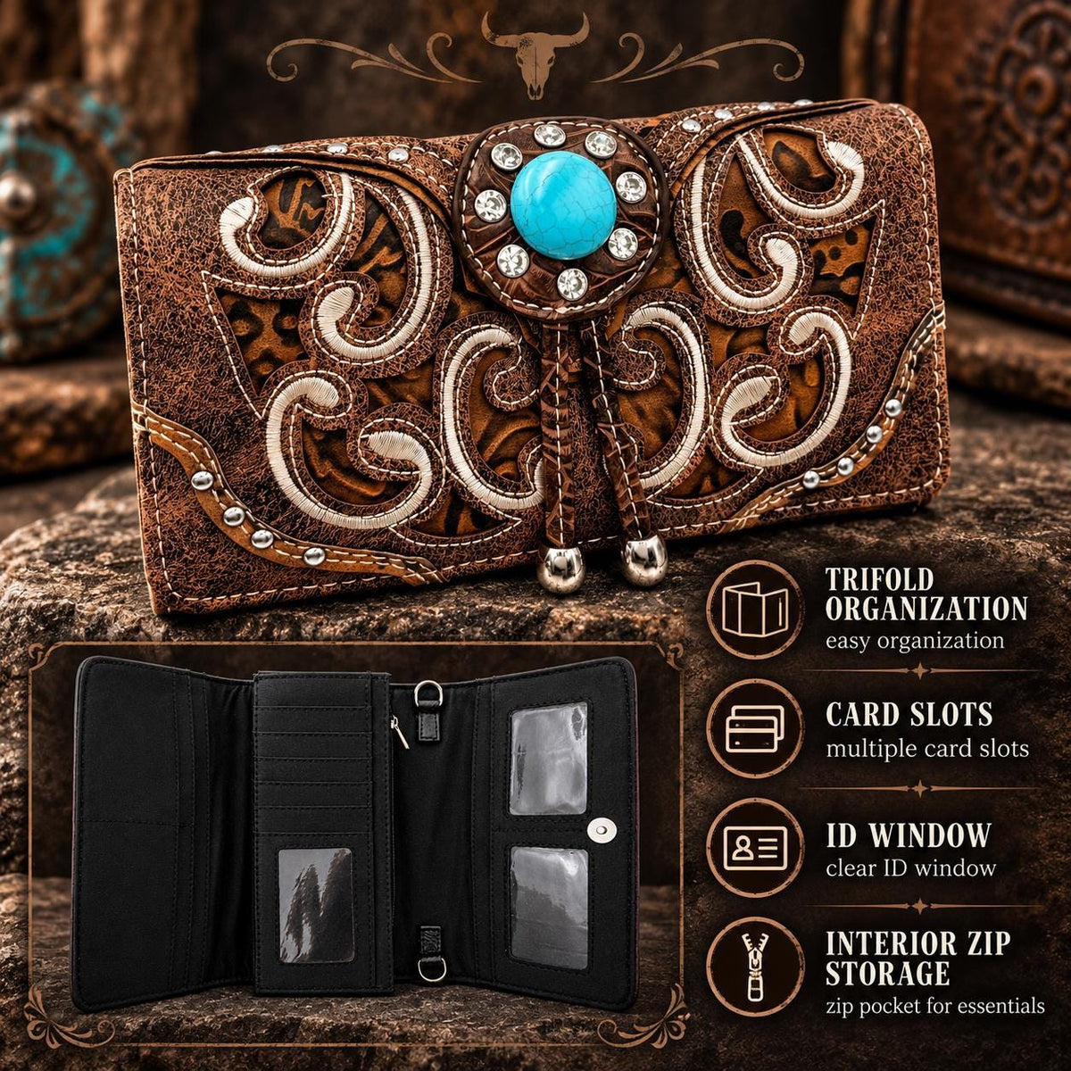 Western Turquoise Crossbody Wallet, Trifold Phone Wallet Purse, Brown Faux Leather Wristlet, Cowgirl Shoulder Bag