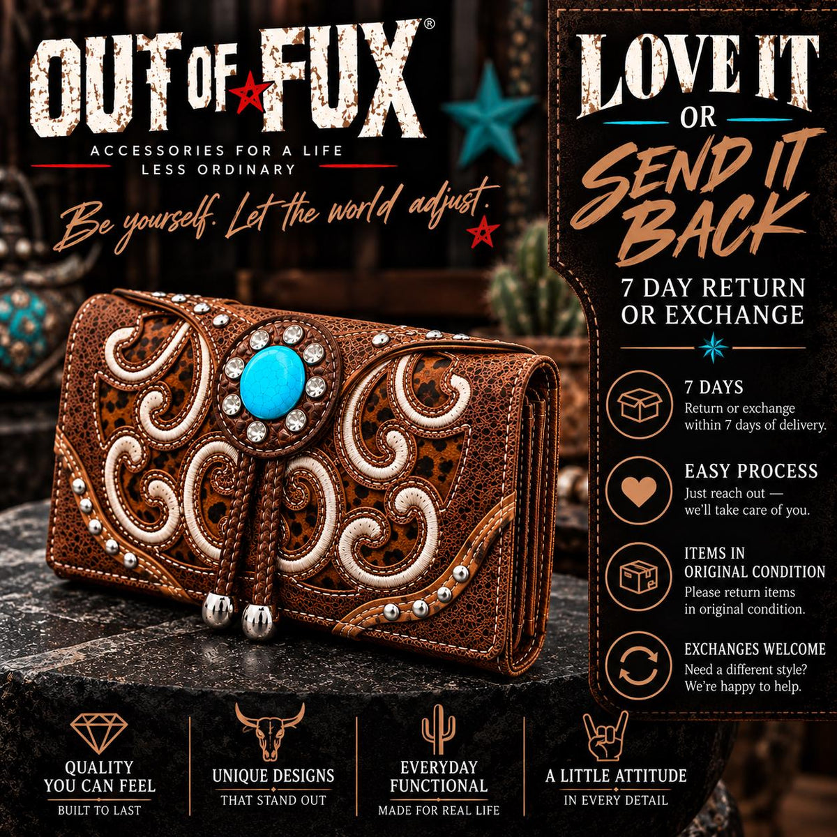 Western Turquoise Crossbody Wallet, Trifold Phone Wallet Purse, Brown Faux Leather Wristlet, Cowgirl Shoulder Bag