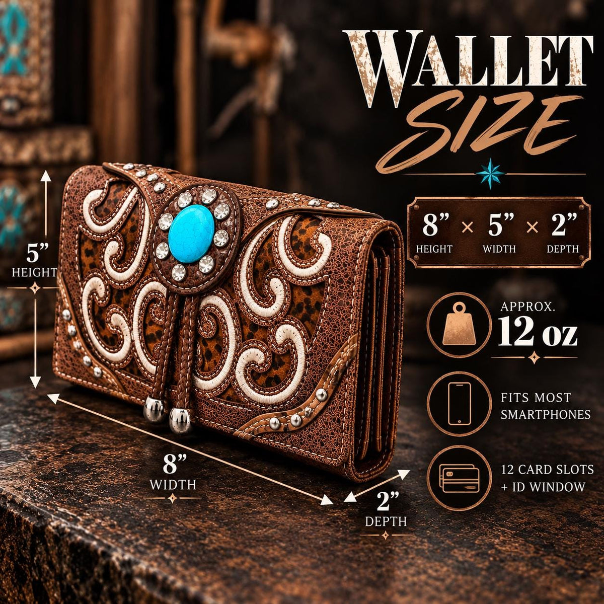 Western Turquoise Crossbody Wallet, Trifold Phone Wallet Purse, Brown Faux Leather Wristlet, Cowgirl Shoulder Bag