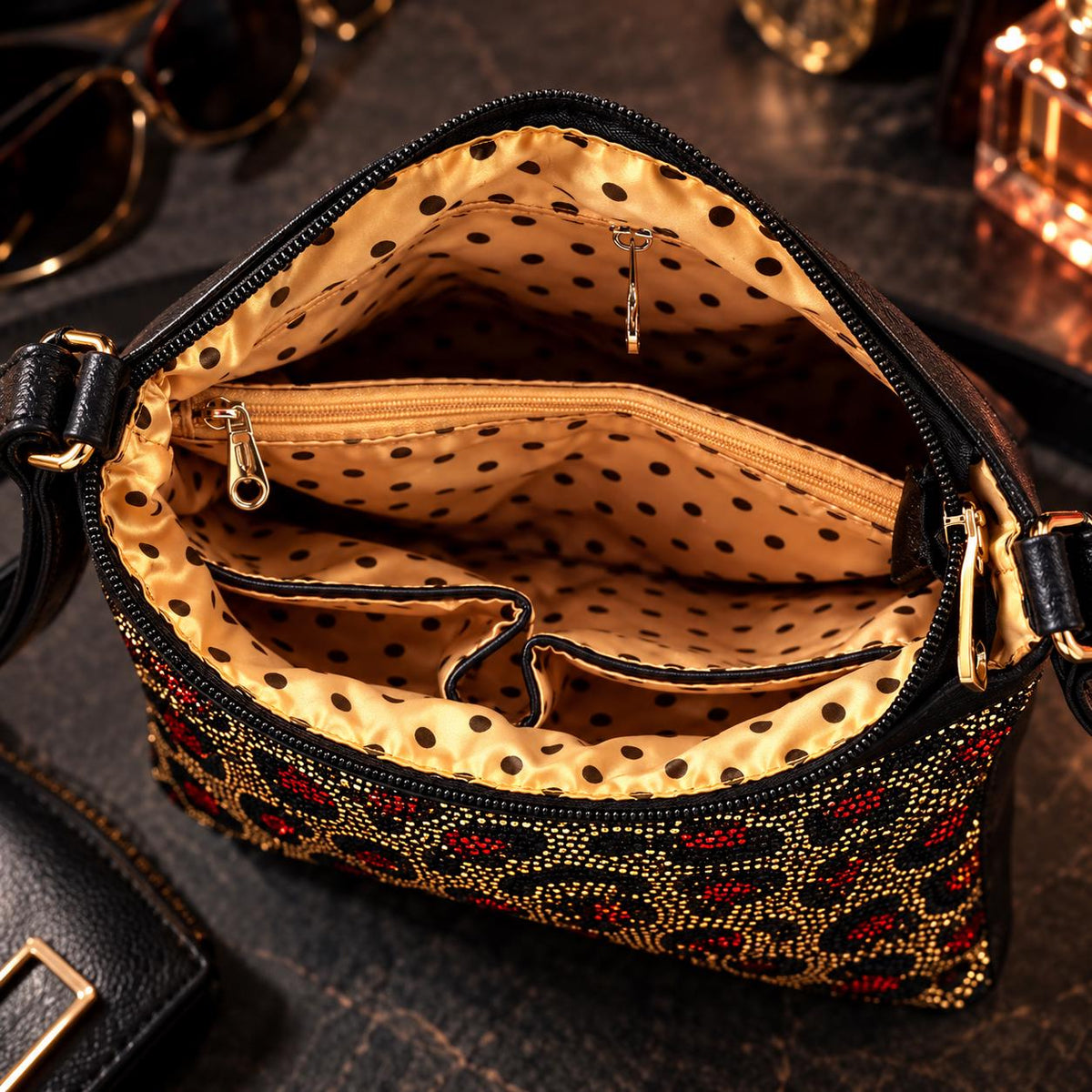 Leopard Rhinestone Crossbody Bag, Black Red Gold Animal Print Purse, Sparkly Statement Shoulder Bag