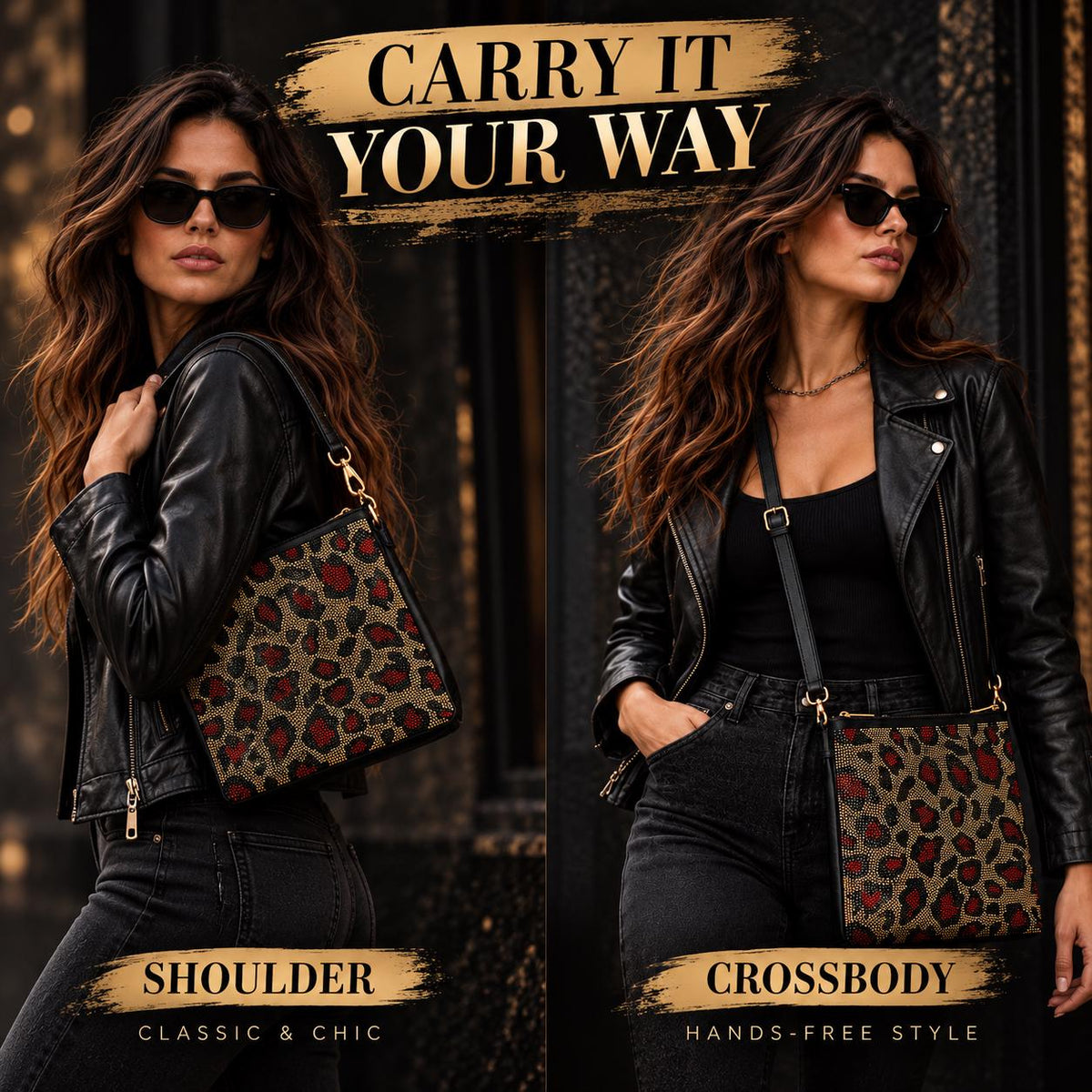 Leopard Rhinestone Crossbody Bag, Black Red Gold Animal Print Purse, Sparkly Statement Shoulder Bag