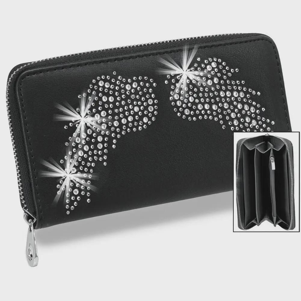 Black Rhinestone Angel Wing Crossbody Bag & Wallet Set, Gothic Biker Purse (Matching Set)