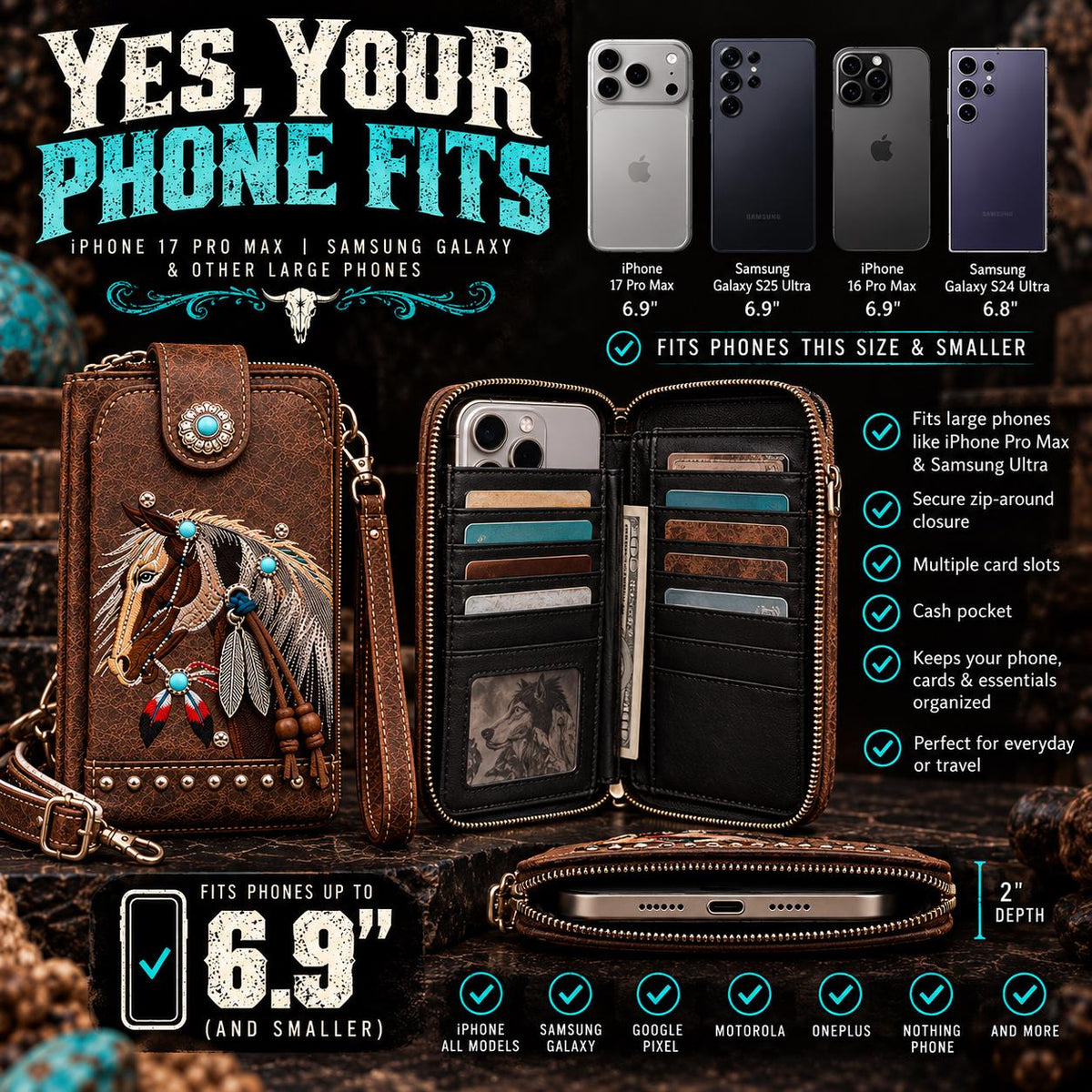 Western Horse Crossbody Wallet, Embroidered Phone Pouch with Wristlet, Cowgirl Wallet Purse, Brown or Turquoise