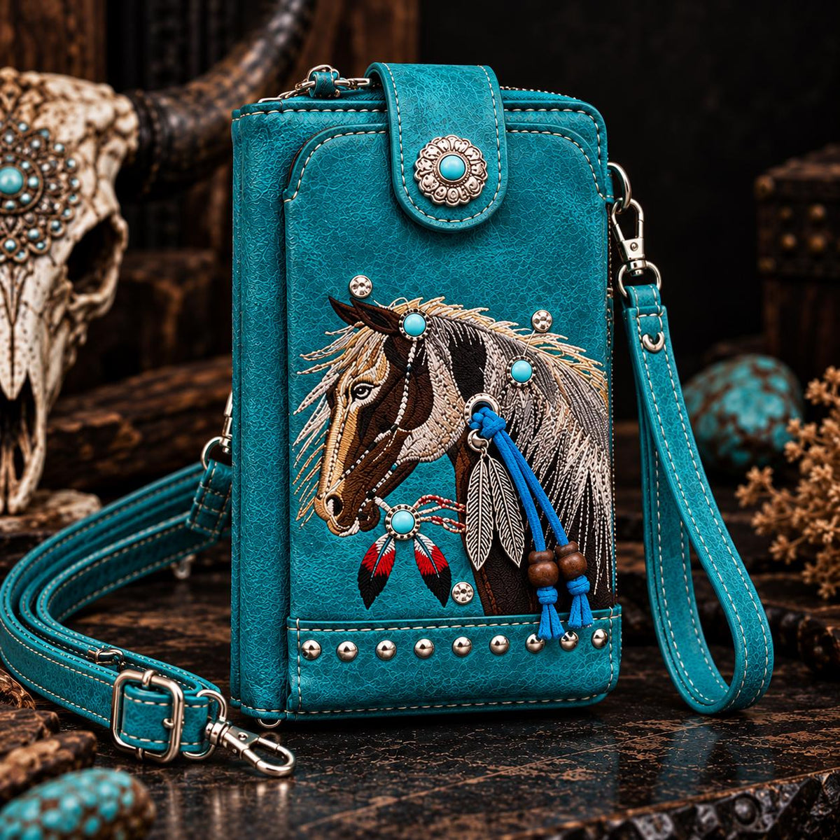 Western Horse Crossbody Wallet, Embroidered Phone Pouch with Wristlet, Cowgirl Wallet Purse, Brown or Turquoise