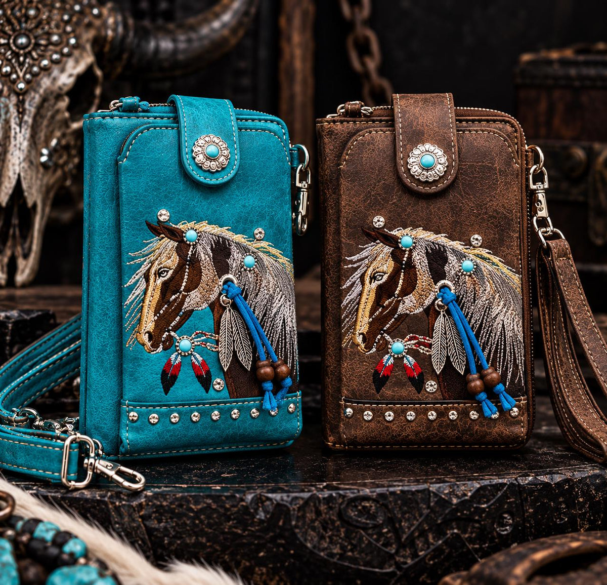 Western Horse Crossbody Wallet, Embroidered Phone Pouch with Wristlet, Cowgirl Wallet Purse, Brown or Turquoise