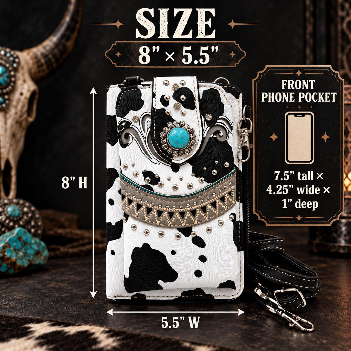 Black White Cow Print Crossbody Wallet, Turquoise Concho Western Wristlet, Phone Wallet Purse