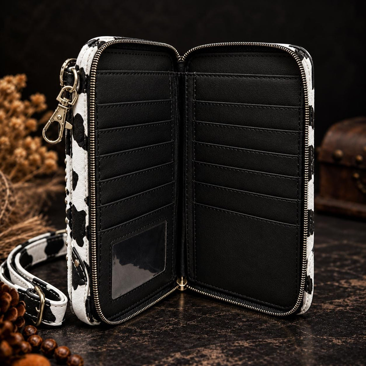 Black White Cow Print Crossbody Wallet, Turquoise Concho Western Wristlet, Phone Wallet Purse