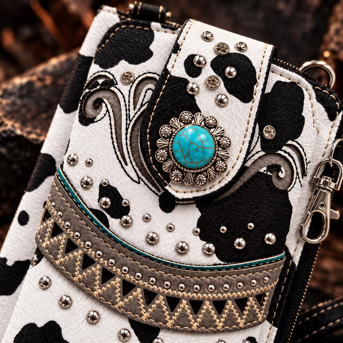 Black White Cow Print Crossbody Wallet, Turquoise Concho Western Wristlet, Phone Wallet Purse