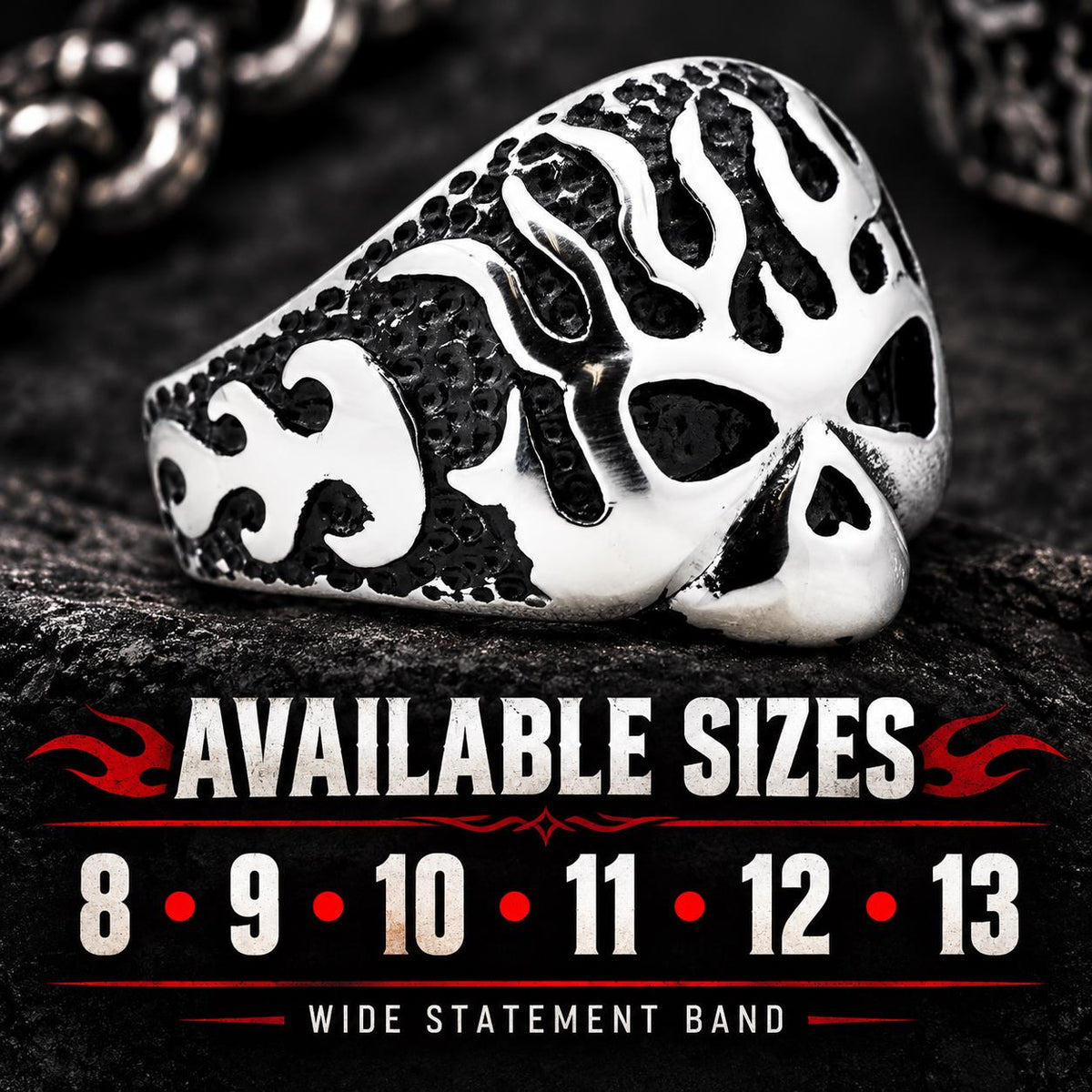 Blackened Flame Ring, 316L Stainless Steel, Wide Statement-Band Design, Sizes 8-13
