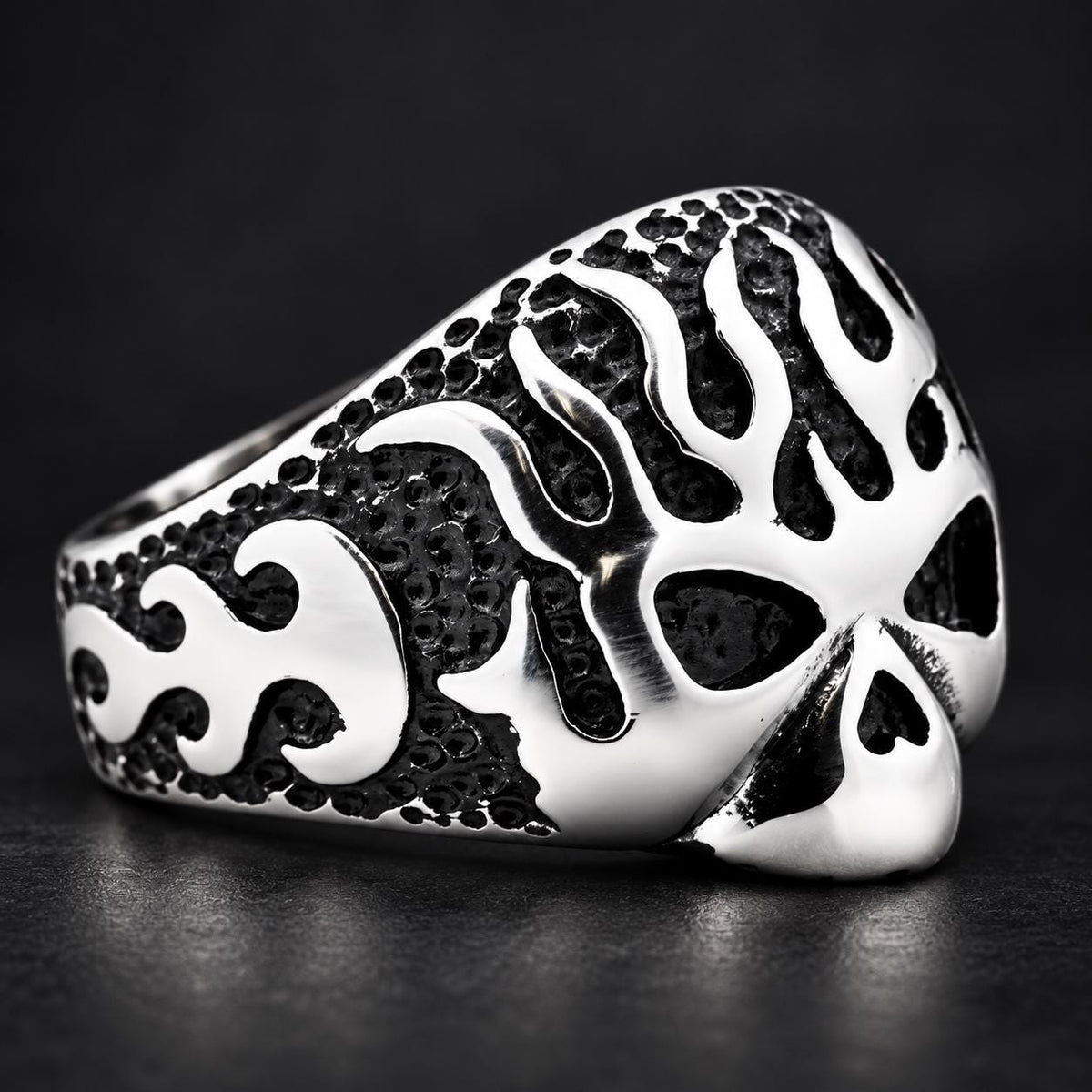 Blackened Flame Ring, 316L Stainless Steel, Wide Statement-Band Design, Sizes 8-13