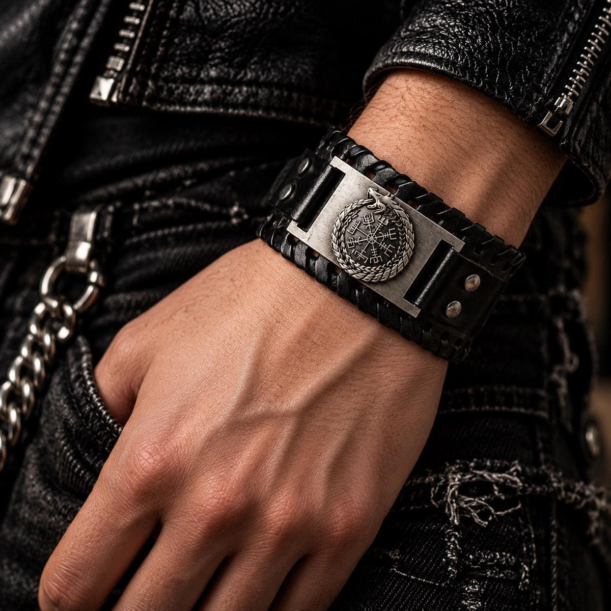Men’s Viking Leather Cuff Bracelet with Norse Compass, Medieval Warrior Wristband