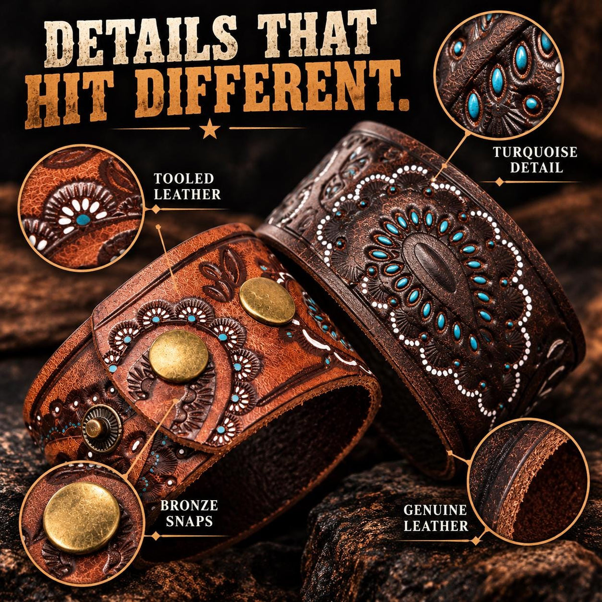Western Leather Cuff Bracelet, Genuine Leather Paisley Wristband, Tooled Cowgirl Bracelet, Turquoise Accent Cuff, Brown Biker Jewelry