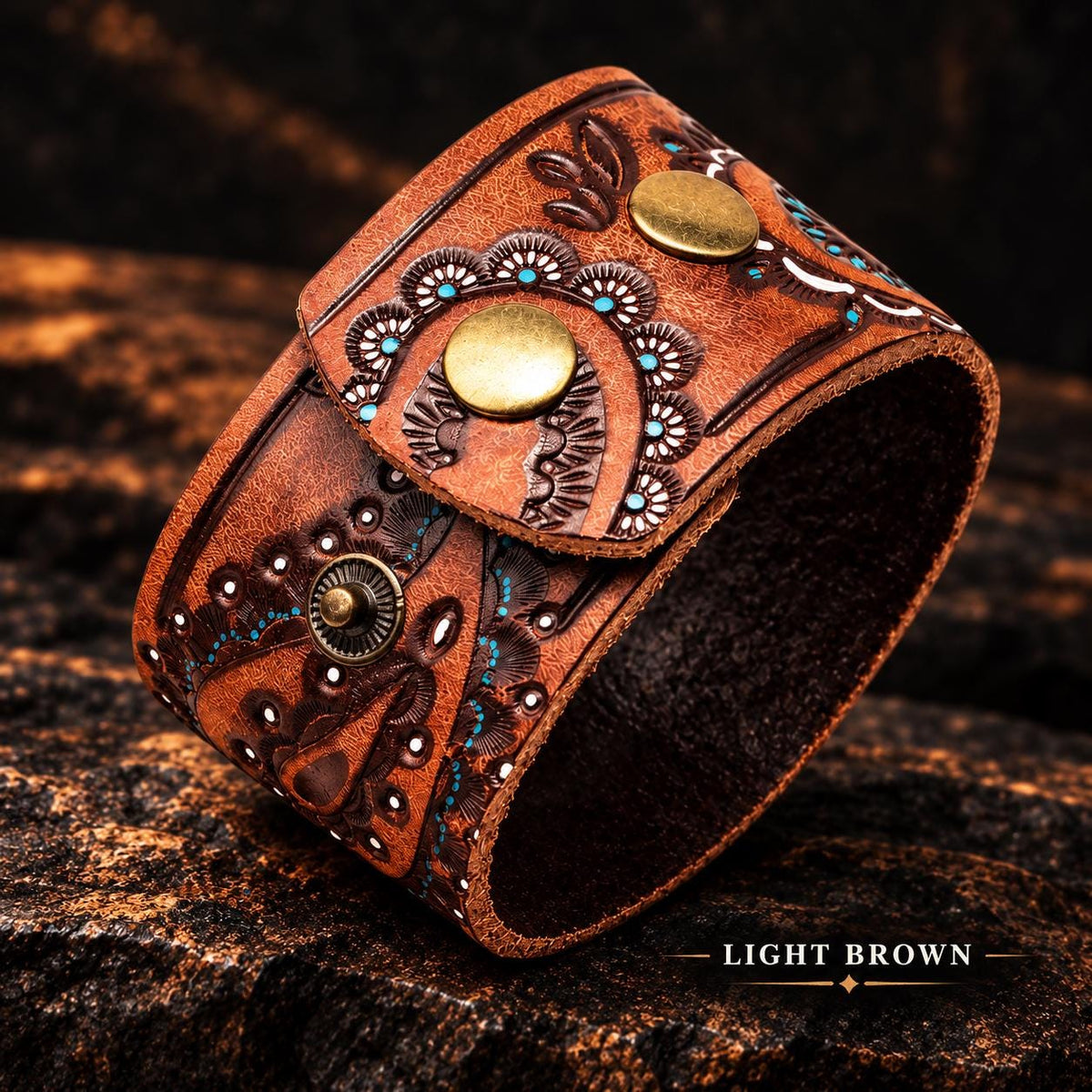 Western Leather Cuff Bracelet, Genuine Leather Paisley Wristband, Tooled Cowgirl Bracelet, Turquoise Accent Cuff, Brown Biker Jewelry