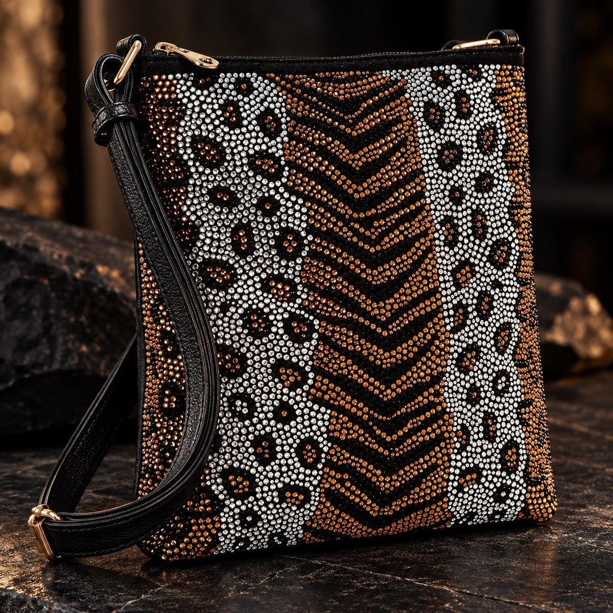 Rhinestone Animal Print Crossbody Bag, Leopard Zebra Purse, Black Faux Leather Shoulder Bag, Sparkly Biker Purse, Small Crossbody