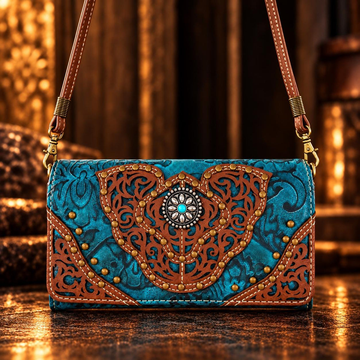 Turquoise Western Trifold Wallet, Embossed Faux Leather, Concho Wristlet Crossbody