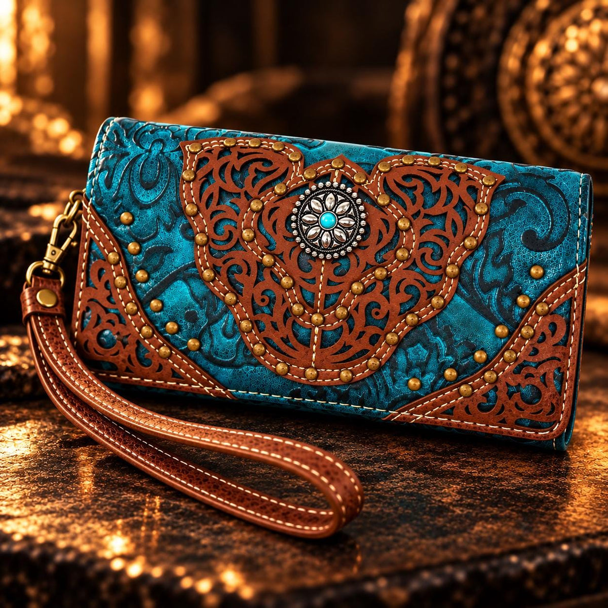 Turquoise Western Trifold Wallet, Embossed Faux Leather, Concho Wristlet Crossbody