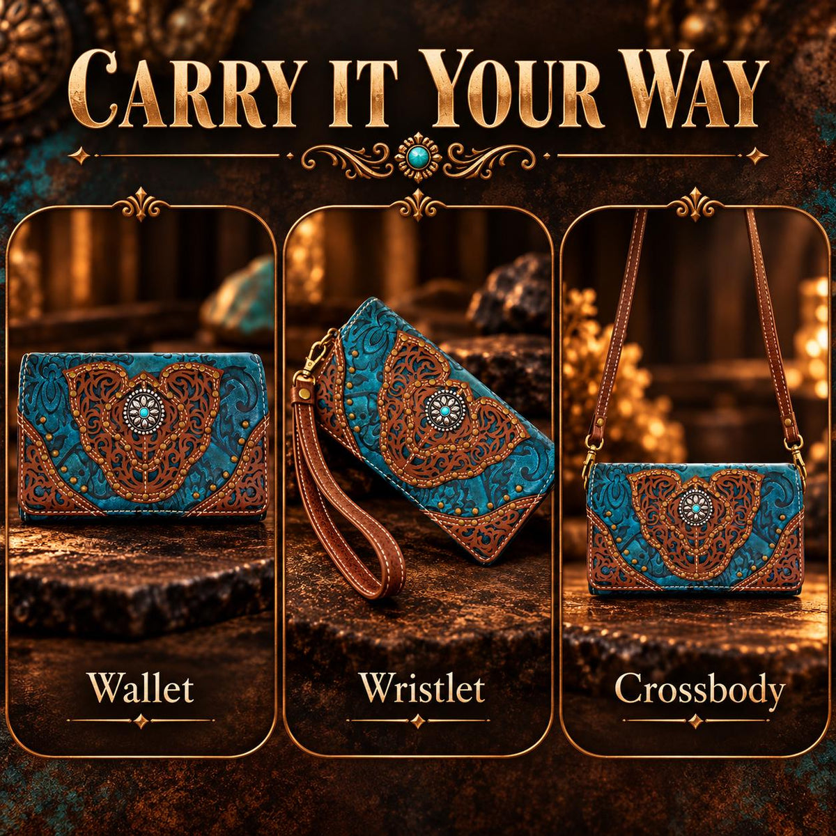 Turquoise Western Trifold Wallet, Embossed Faux Leather, Concho Wristlet Crossbody