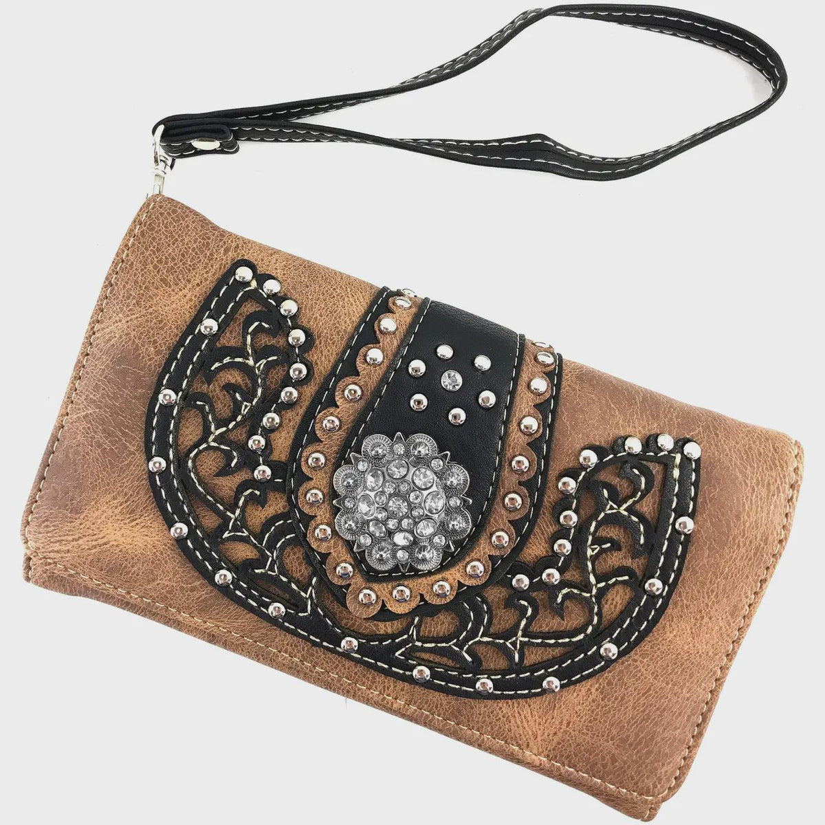 Western Trifold Wallet, Rhinestone Studded Faux Leather Crossbody Purse (Brown Black)