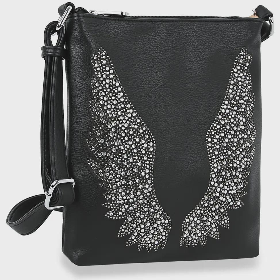 Black Rhinestone Angel Wing Crossbody Bag & Wallet Set, Gothic Biker Purse (Matching Set)