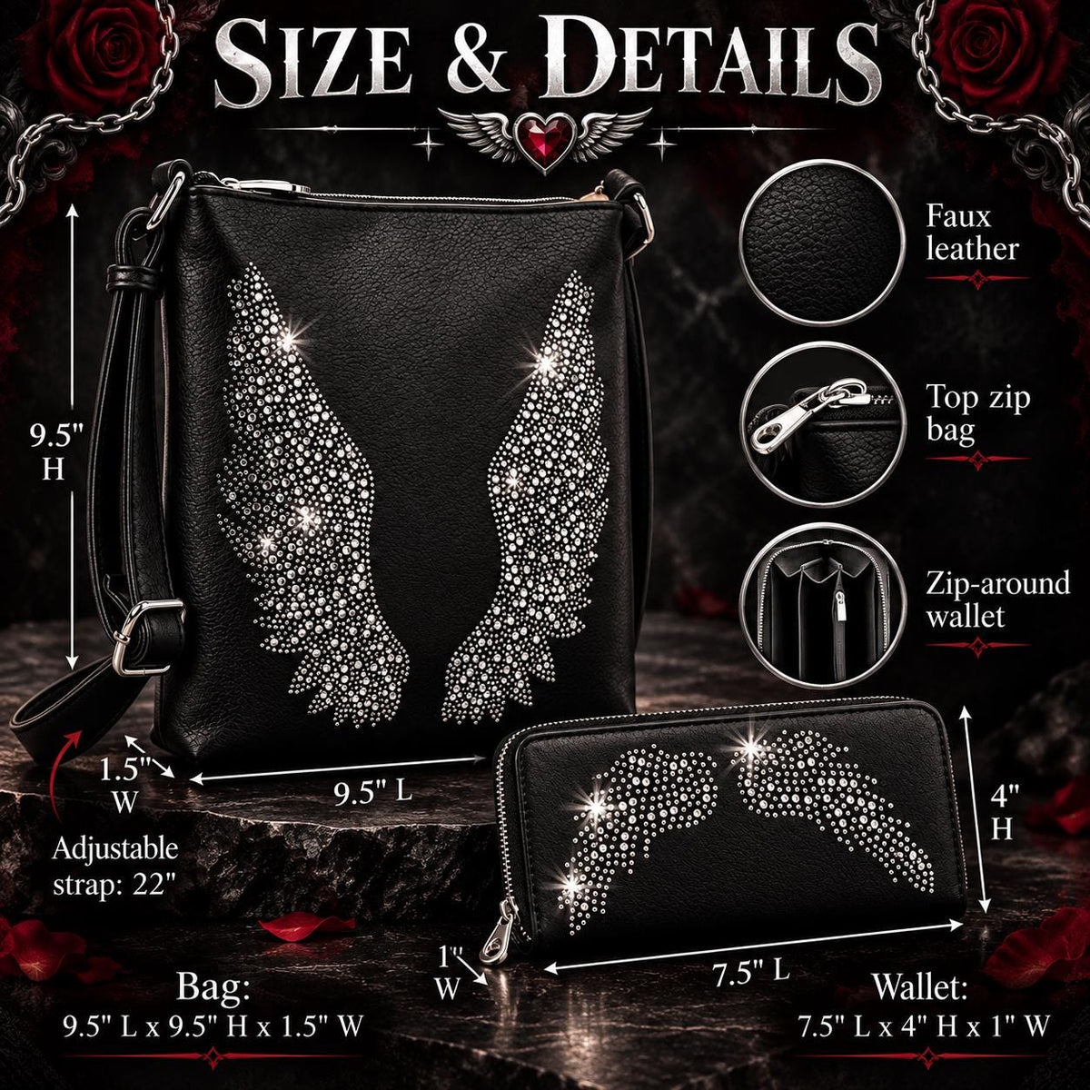 Black Rhinestone Angel Wing Crossbody Bag & Wallet Set, Gothic Biker Purse (Matching Set)