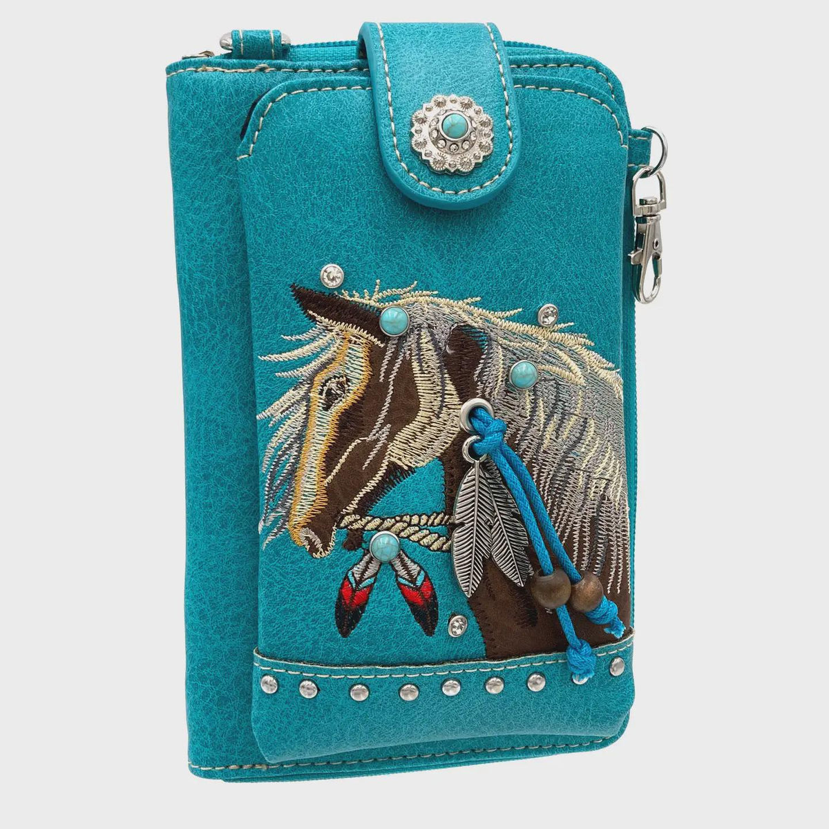 Western Horse Crossbody Wallet, Embroidered Phone Pouch with Wristlet, Cowgirl Wallet Purse, Brown or Turquoise