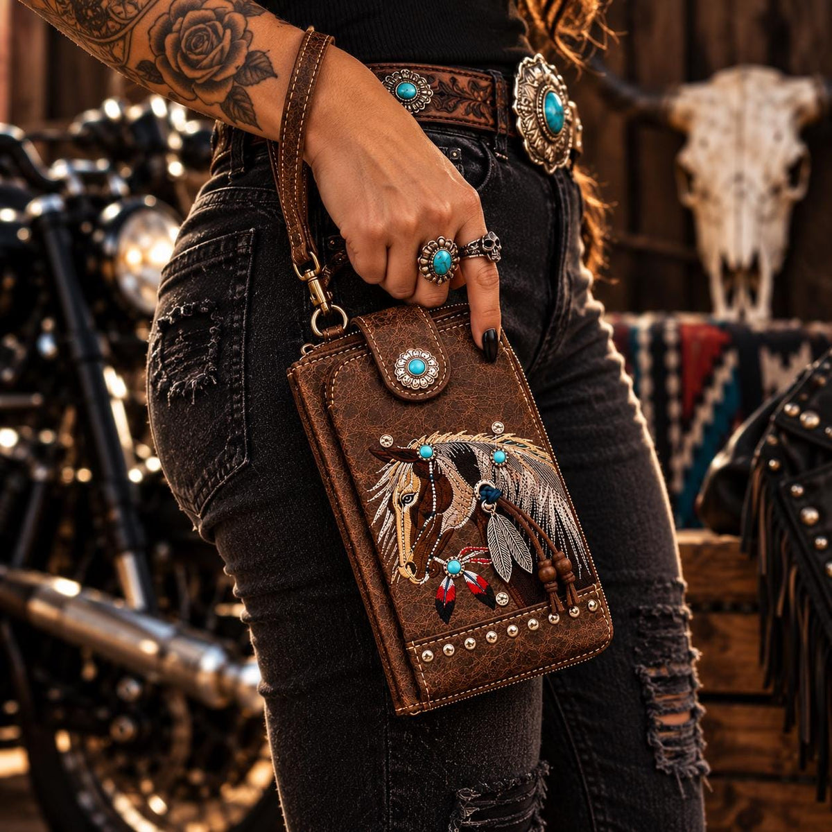 Western Horse Crossbody Wallet, Embroidered Phone Pouch with Wristlet, Cowgirl Wallet Purse, Brown or Turquoise