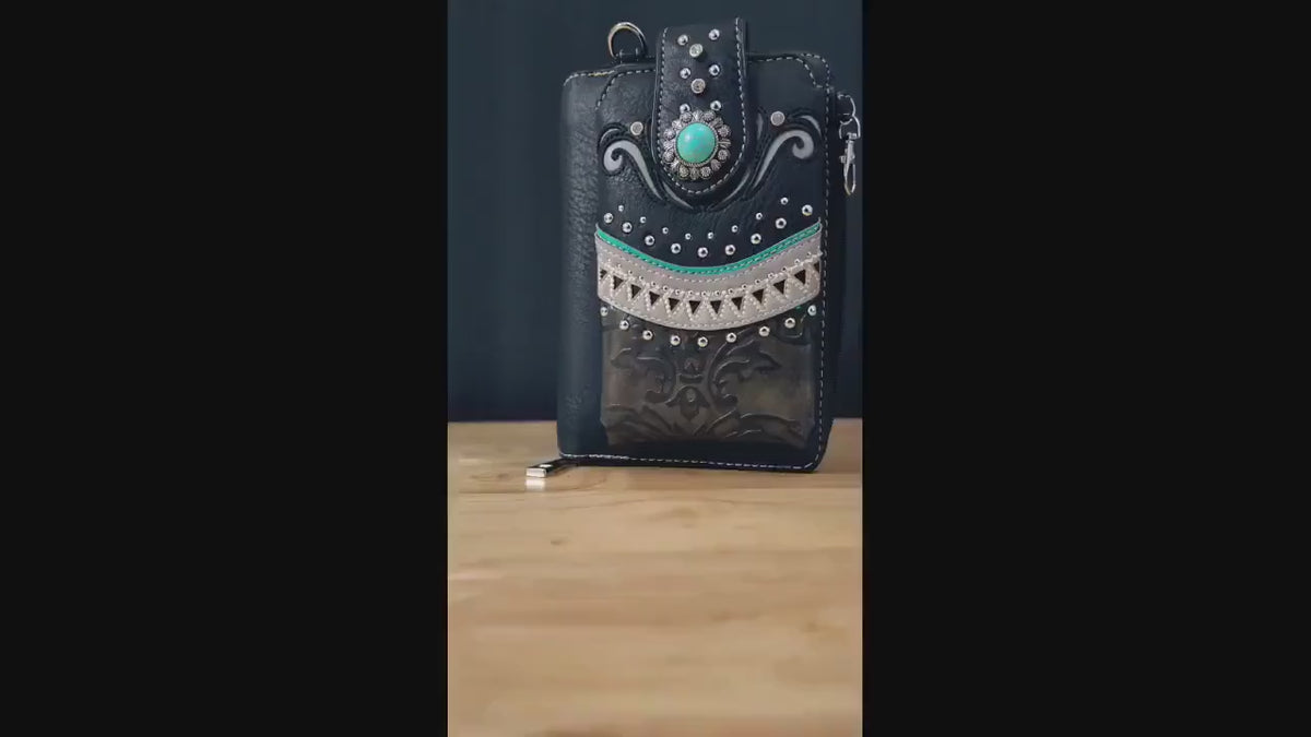 Western Phone Wallet Crossbody – Black Turquoise Cowgirl Bag